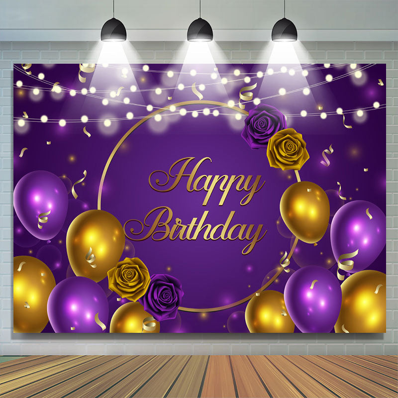 Lofaris Purple And Gold Ballons With Rose Birthday Backdrop