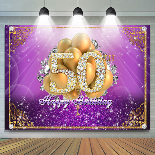Lofaris Purple and Gold Balloon Diamond 50Th Birthday Backdrop
