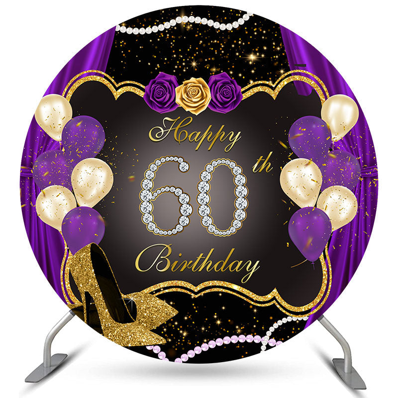 Lofaris Purple And Gold Glitter Balloons Round Birthday Backdrop