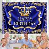 Load image into Gallery viewer, Lofaris Blue and gold royal crown birthday backdrop design