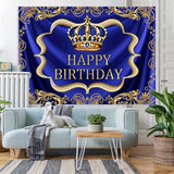 Load image into Gallery viewer, Lofaris Blue and gold royal crown birthday backdrop design