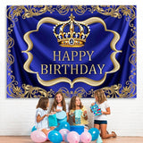 Load image into Gallery viewer, Lofaris Blue and gold royal crown birthday backdrop design