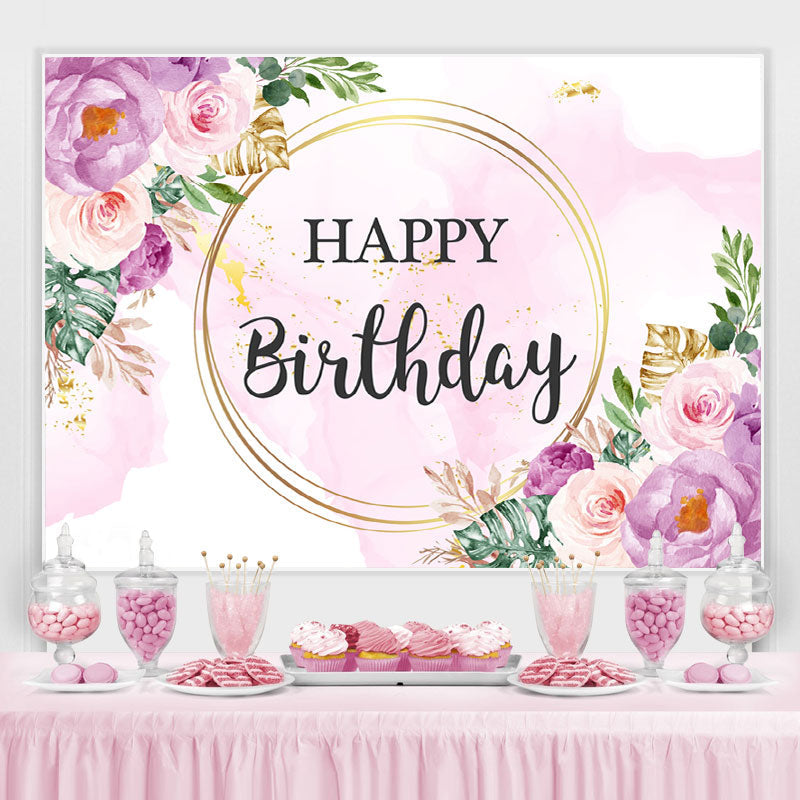 Lofaris Purple and Pink Floral Happy Birthday Backdrop for Girl