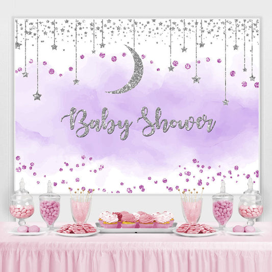 Lofaris Purple And Silver Glitter Moon Baby Shower Backdrop
