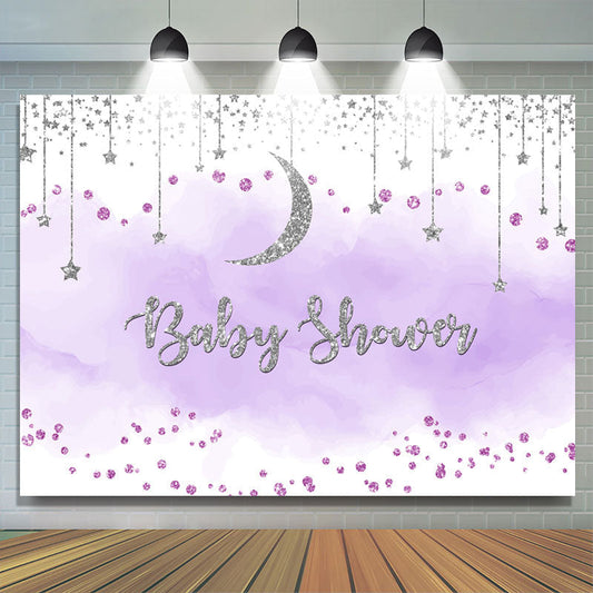 Lofaris Purple And Silver Glitter Moon Baby Shower Backdrop