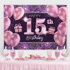 Lofaris Purple Balloons Glitter Gifts 15th Birthday Backdrop
