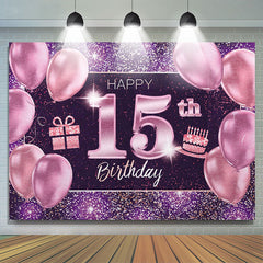 Lofaris Purple Balloons Glitter Gifts 15th Birthday Backdrop
