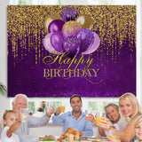 Load image into Gallery viewer, Lofaris Purple Balloons Gold Glitter Happy Birthday Backdrop