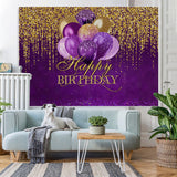 Load image into Gallery viewer, Lofaris Purple Balloons Gold Glitter Happy Birthday Backdrop