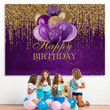 Load image into Gallery viewer, Lofaris Purple Balloons Gold Glitter Happy Birthday Backdrop