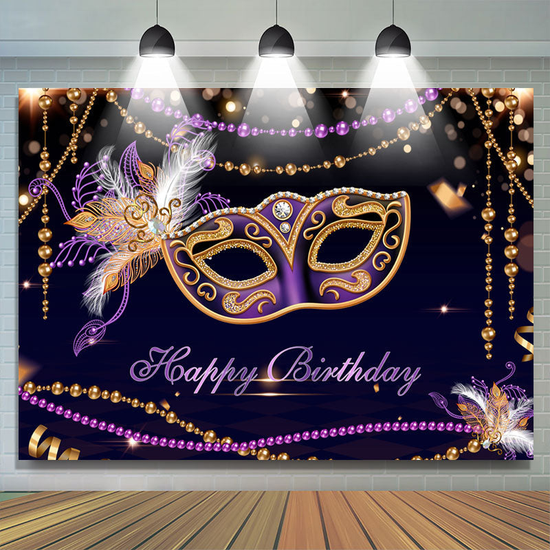 Lofaris Purple Black Gold Masquerade Happy Birthday Backdrop