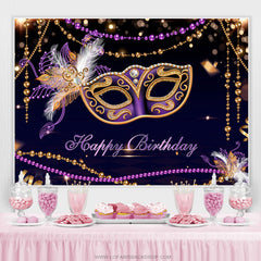 Lofaris Purple Black Gold Masquerade Happy Birthday Backdrop