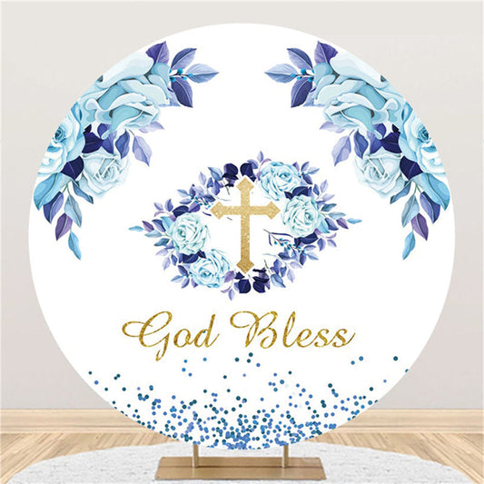 Lofaris Purple Blue Floral Gold God Bless Baby Shower Backdrop