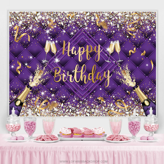 Lofaris Purple Champagne Bottle Ribbion Happy Birthday Backdrop
