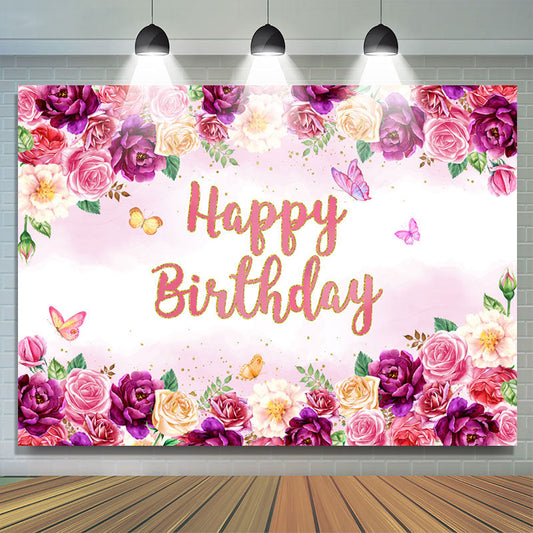 Lofaris Purple Floral And Butterfly Happy Birthday Backdrop