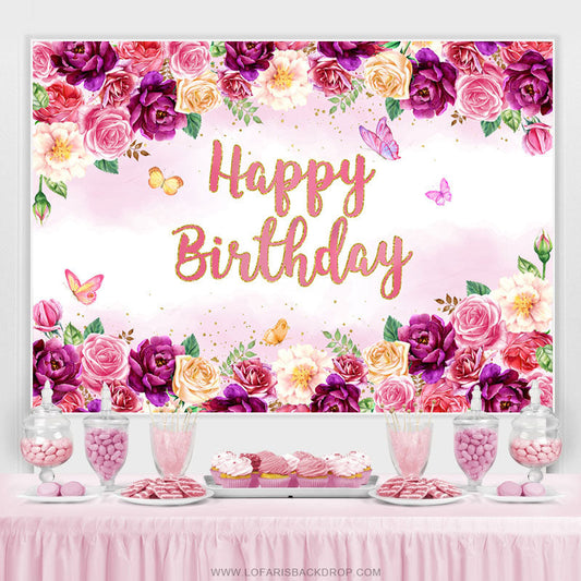 Lofaris Purple Floral And Butterfly Happy Birthday Backdrop