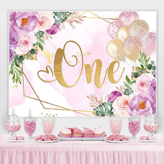 Lofaris Purple Floral And Glitter Ballons 1st Birtdhay Backdrop