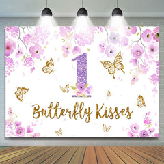 Lofaris Purple Floral and Gold Butterfly 1St Birthday Backdrop