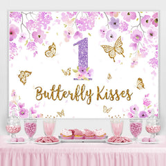 Lofaris Purple Floral and Gold Butterfly 1St Birthday Backdrop