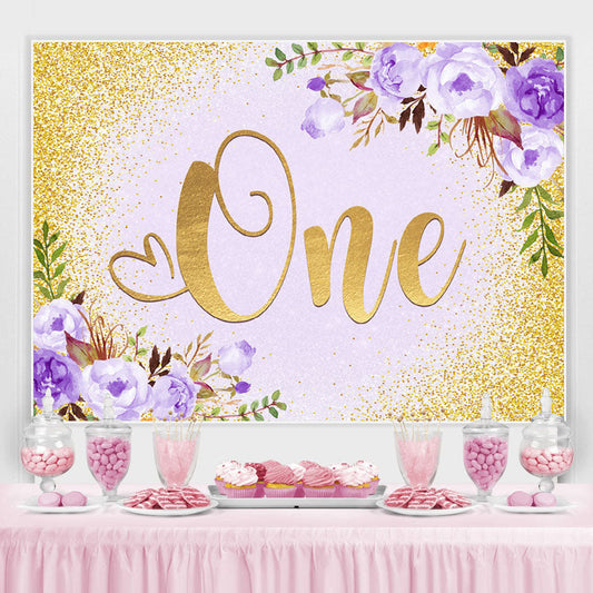 Lofaris Purple Floral And Gold Glitter 1st Birthday Backdrop