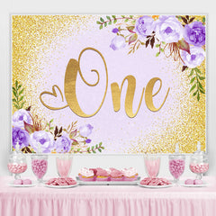 Lofaris Purple Floral And Gold Glitter 1st Birthday Backdrop