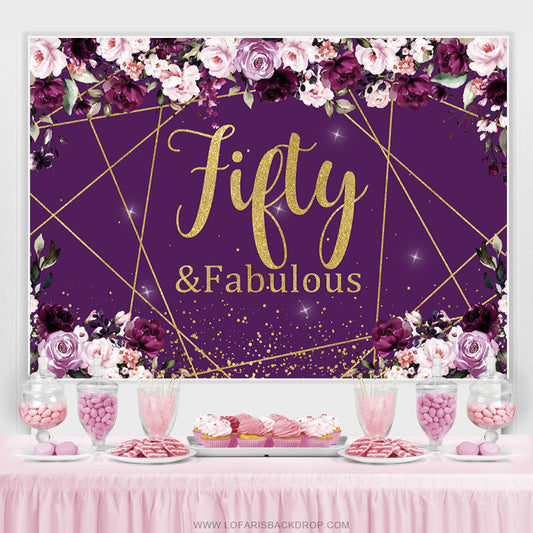 Lofaris Purple Floral And Gold Glitter Fifty Birthday Backdrop