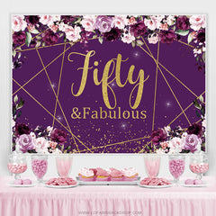 Lofaris Purple Floral And Gold Glitter Fifty Birthday Backdrop