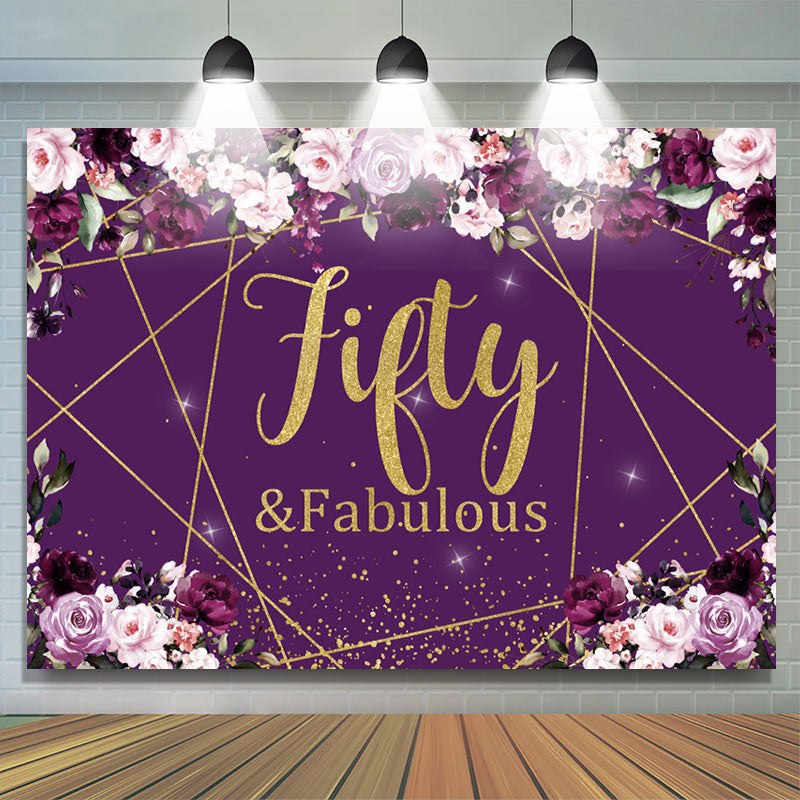 Lofaris Purple Floral And Gold Glitter Fifty Birthday Backdrop