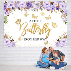 Lofaris Purple Floral and Golden Butterfly Baby Shower Backdrop