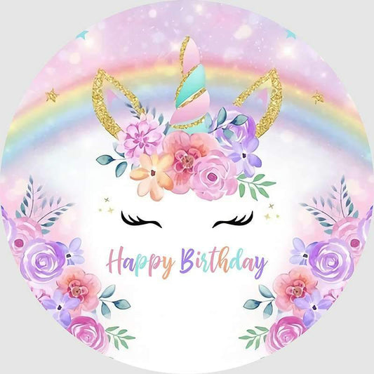 Lofaris Purple Floral And Unicorn Circle Happy Birthday Backdrop