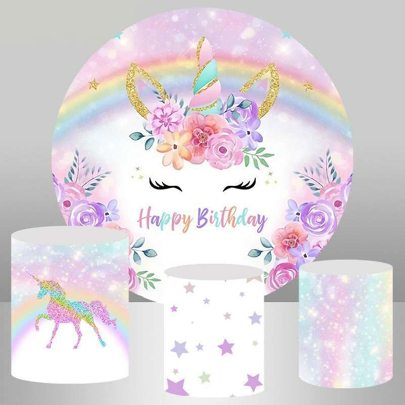 Lofaris Purple Floral And Unicorn Circle Happy Birthday Backdrop
