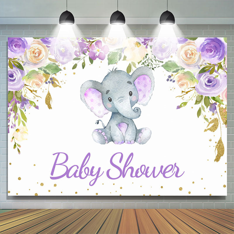 Lofaris Purple Floral Elephant White Baby Shower Backdrop Banner