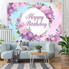 Lofaris Purple Floral Glitter Happy Birthday Backdrop Banner