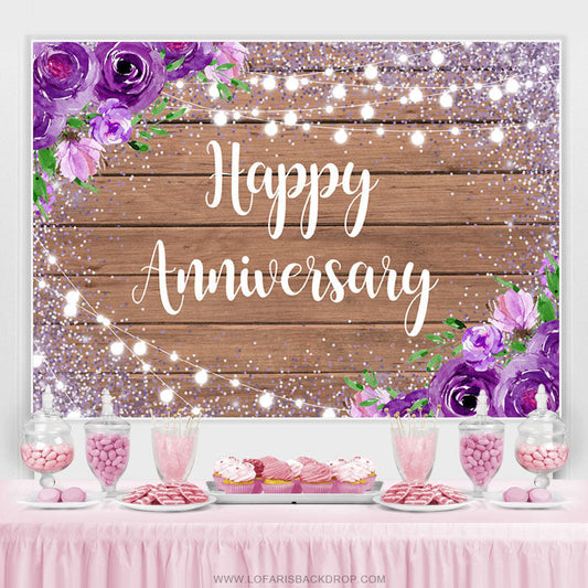 Lofaris Purple Floral Glitter Wood Happy Birthday Backdrop