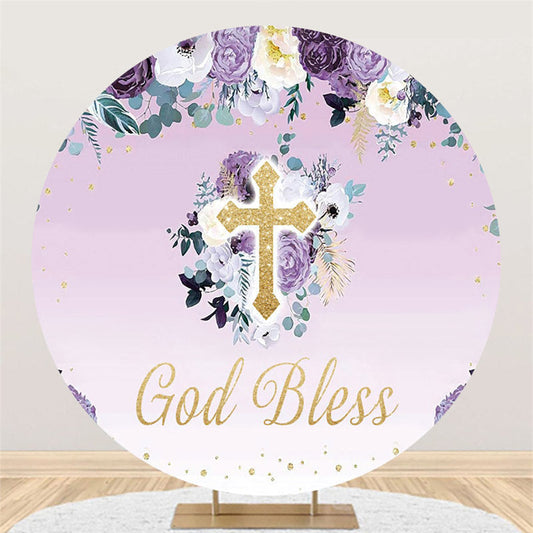 Lofaris Purple Floral Gold God Bless Round Baby Shower Backdrop