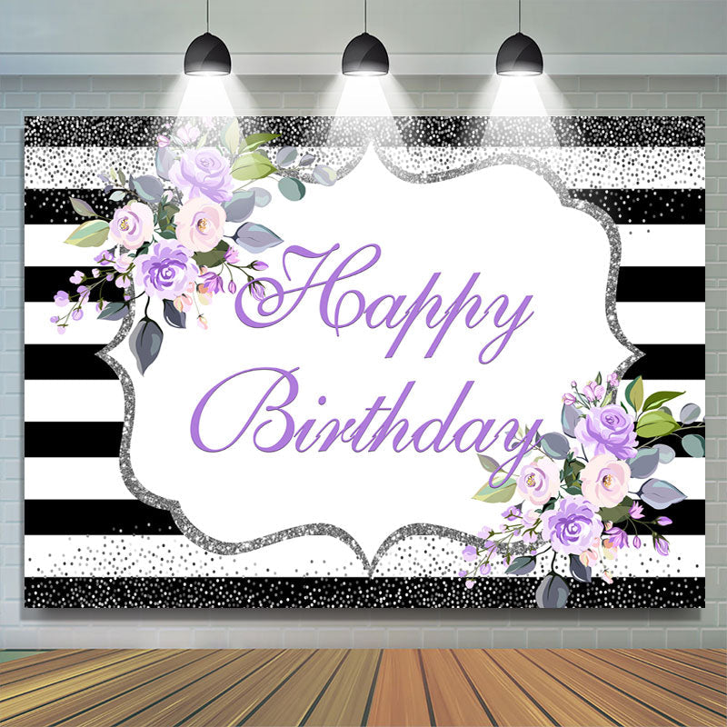 Lofaris Purple Floral Happy Birthday Glitter Stripes Party Backdrop