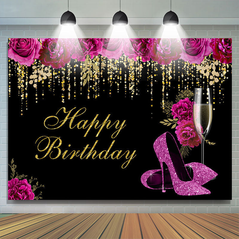 Lofaris Purple Floral Heels Gold Glitter Happy Birthday Backdrop