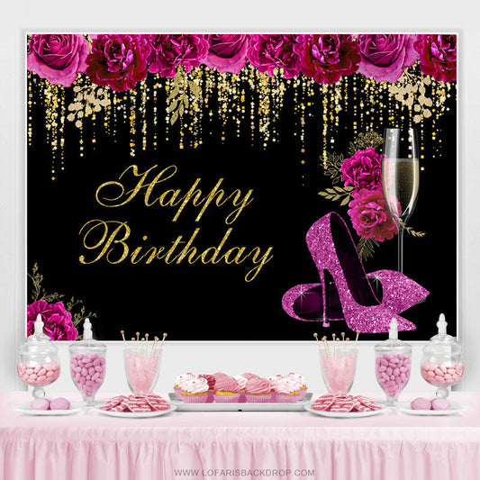 Lofaris Purple Floral Heels Gold Glitter Happy Birthday Backdrop