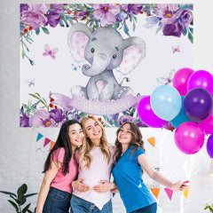 Lofaris Purple Flowers and Baby Elephant Shower Backdrop