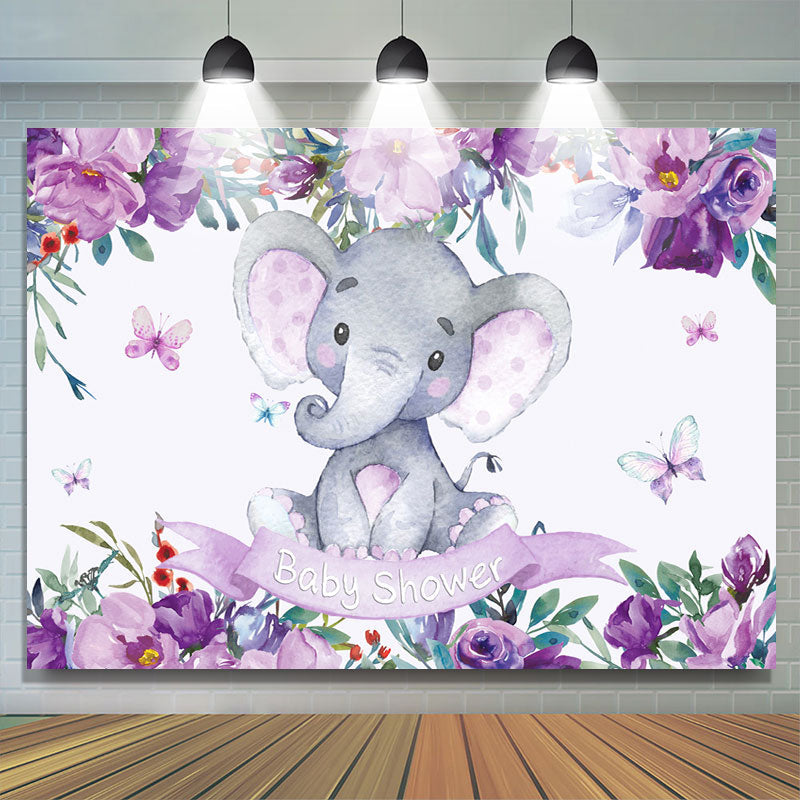 Lofaris Purple Flowers and Baby Elephant Shower Backdrop