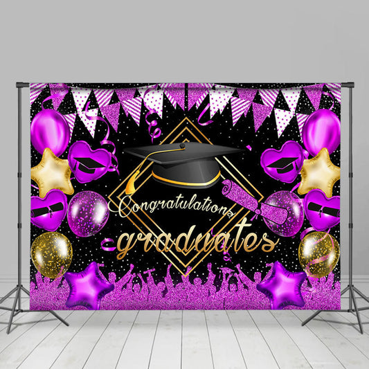 Lofaris Purple Glitter Ballons And Flags Graduates Backdrop
