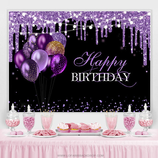 Lofaris Purple Glitter Balloons Black Happy Birthday Backdrop