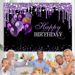 Lofaris Purple Glitter Balloons Black Happy Birthday Backdrop