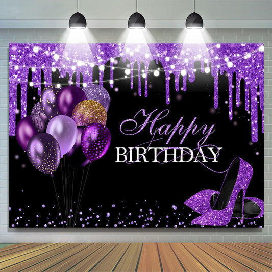 Lofaris Purple Glitter Balloons Heels Happy Birthday Backdrop