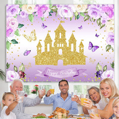 Lofaris Purple Glitter Flowers And Castle Birthday Backdrop