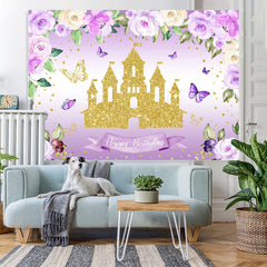 Lofaris Purple Glitter Flowers And Castle Birthday Backdrop