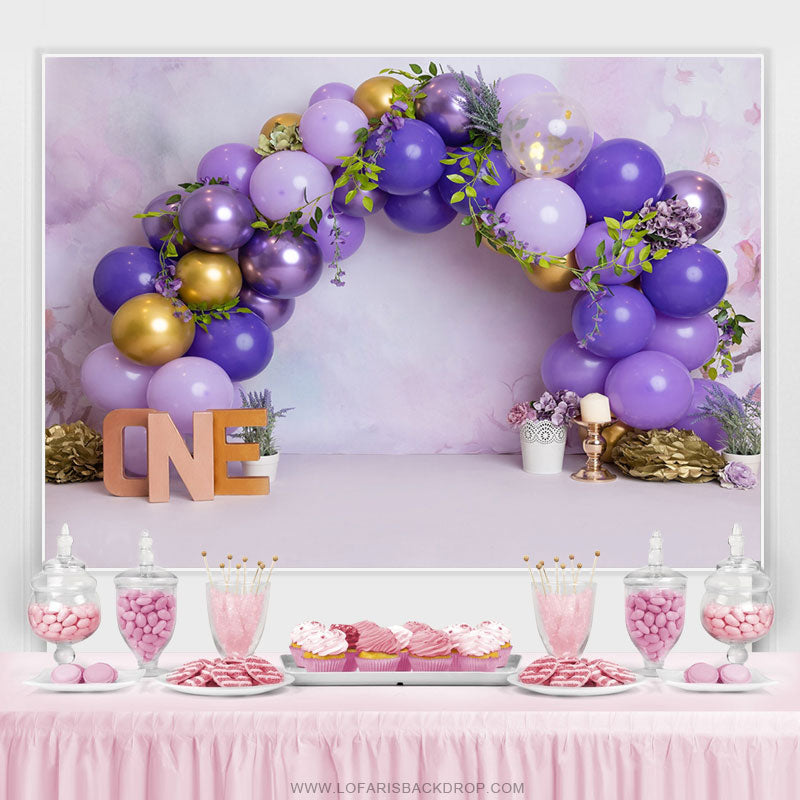 Lofaris Purple Gold Balloons Leaves One Happy Birthday Backdrop