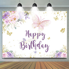 Lofaris Purple Gold Glitter Butterfly Happy Birthday Backdrop