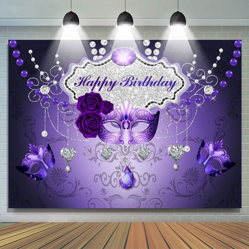 Lofaris Purple Mask Rose Silver Love Happy Birthday Backdrop