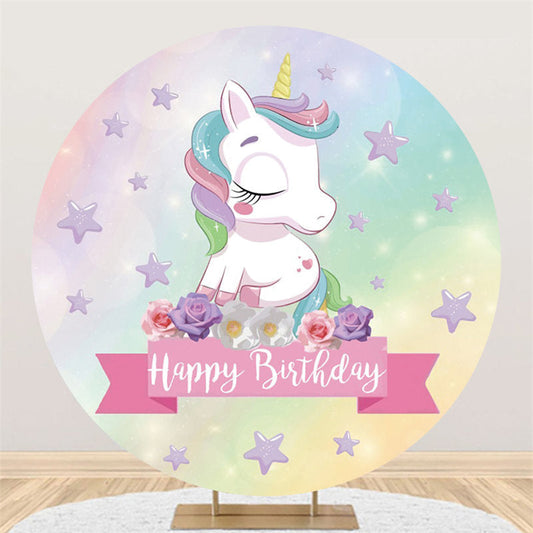 Lofaris Purple Pentagram Unicorn Happy Birthday Round Backdrop